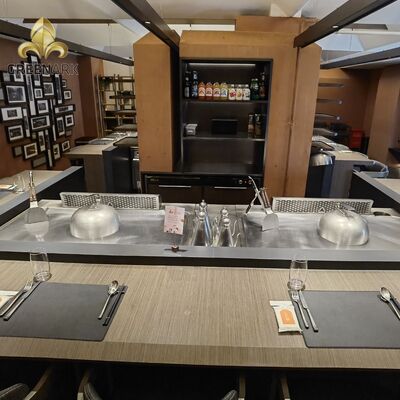 طاولة شواء تيبانياكي من الفولاذ السبائكي الخاص بدرجة الطعام، شديدة التحمل للمطاعم، بقدرة 8 كيلو واط، و11 مقعدًا